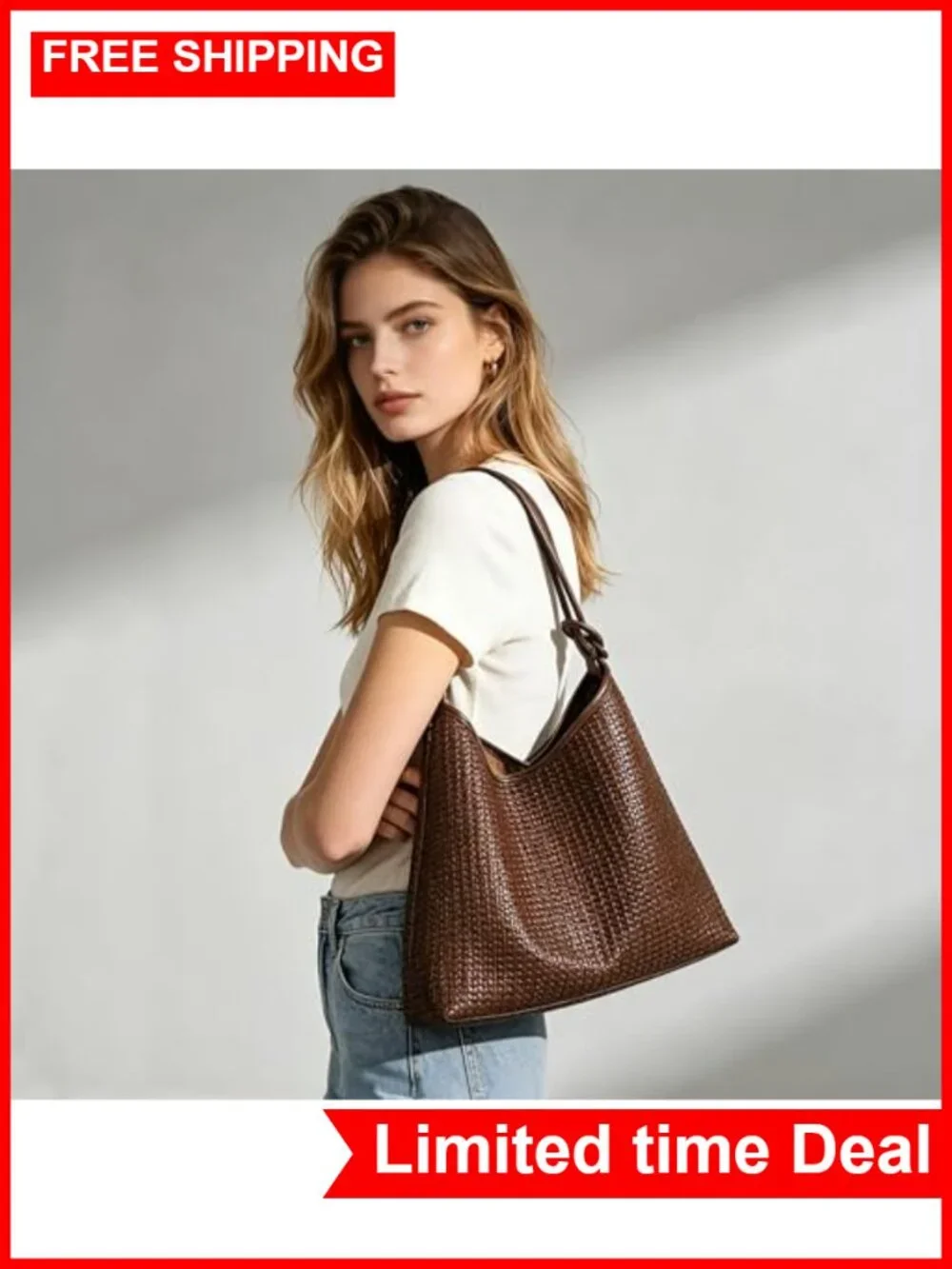 2-Piece Woven Texture Hobo Bag Set Vegan Leather Tote & Clutch Large Capacity
